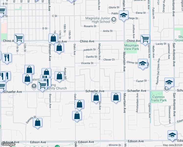 map of restaurants, bars, coffee shops, grocery stores, and more near 13551 Barkley Place in Chino