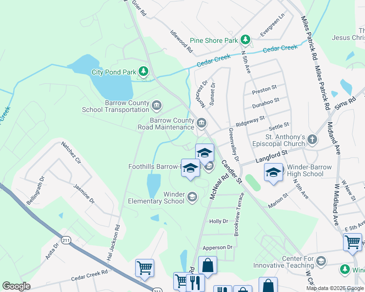 map of restaurants, bars, coffee shops, grocery stores, and more near George Walls Road in Winder