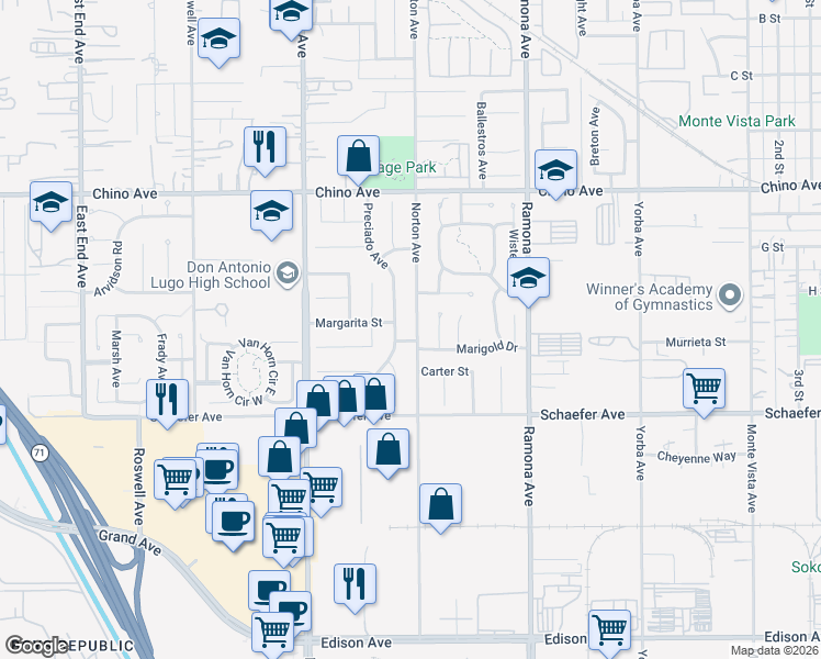 map of restaurants, bars, coffee shops, grocery stores, and more near 13580 Norton Avenue in Chino