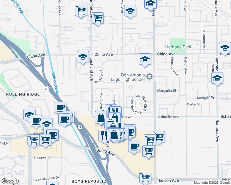 map of restaurants, bars, coffee shops, grocery stores, and more near 3801 Carlos Court in Chino