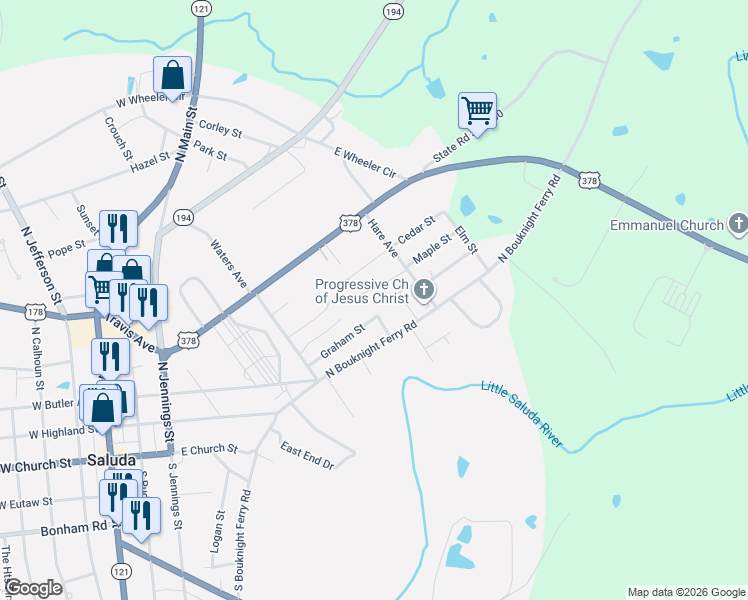 map of restaurants, bars, coffee shops, grocery stores, and more near 256 Graham Street in Saluda