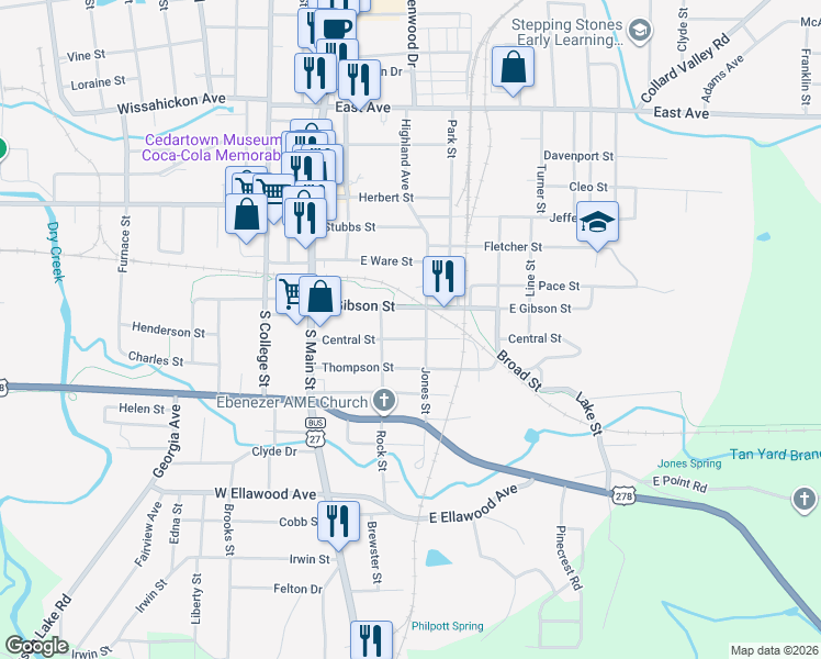 map of restaurants, bars, coffee shops, grocery stores, and more near 712 Jones Street in Cedartown