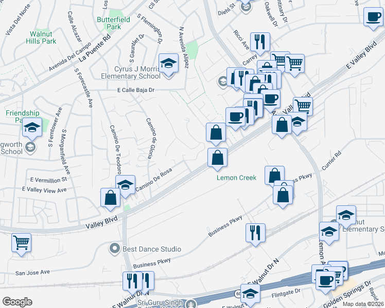 map of restaurants, bars, coffee shops, grocery stores, and more near 673 Castlehill Drive in Walnut
