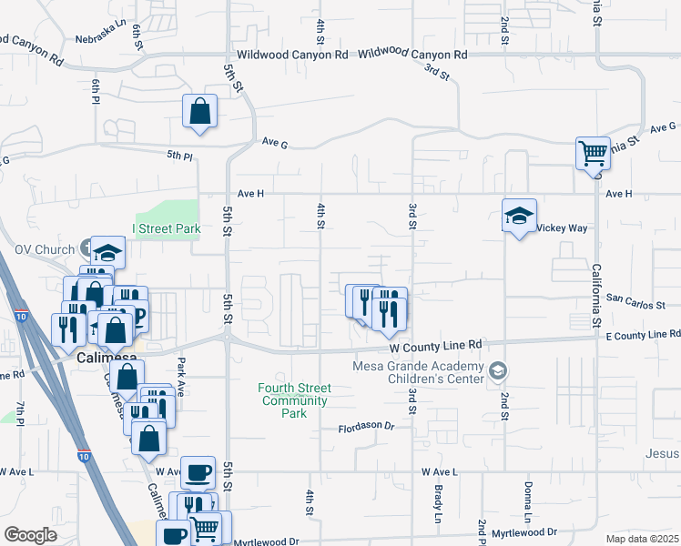 map of restaurants, bars, coffee shops, grocery stores, and more near 13617 4th Street in Yucaipa
