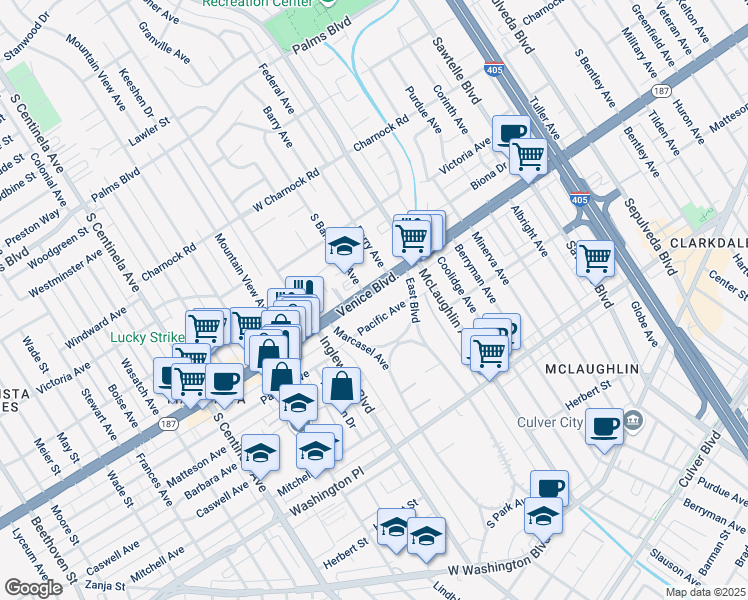 map of restaurants, bars, coffee shops, grocery stores, and more near 11907 Pacific Avenue in Los Angeles