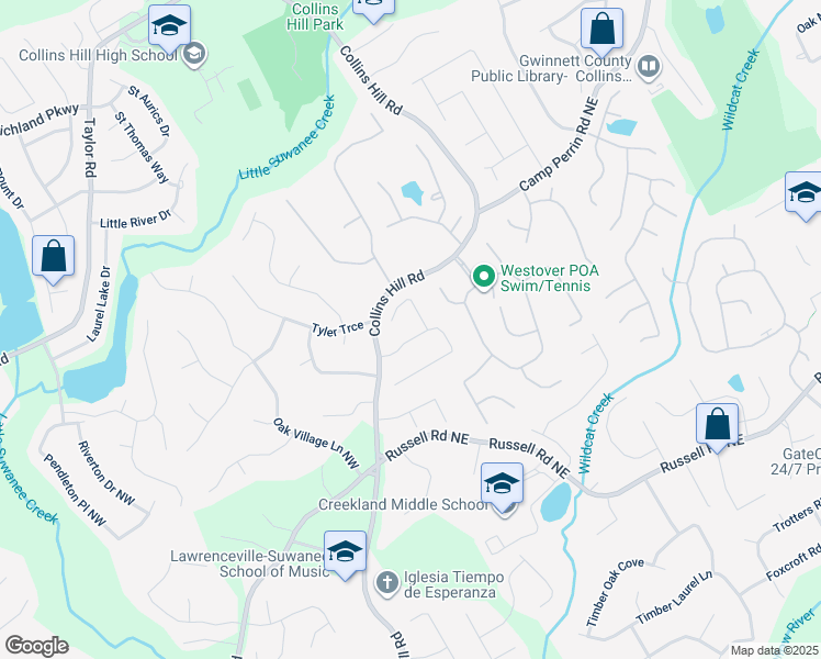 map of restaurants, bars, coffee shops, grocery stores, and more near 75 Foster Trace Drive in Lawrenceville