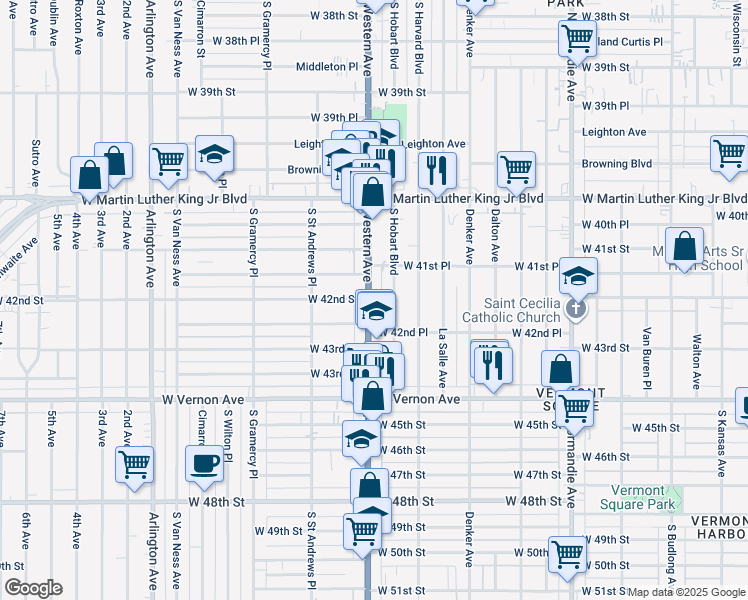 map of restaurants, bars, coffee shops, grocery stores, and more near 4200 South Western Avenue in Los Angeles