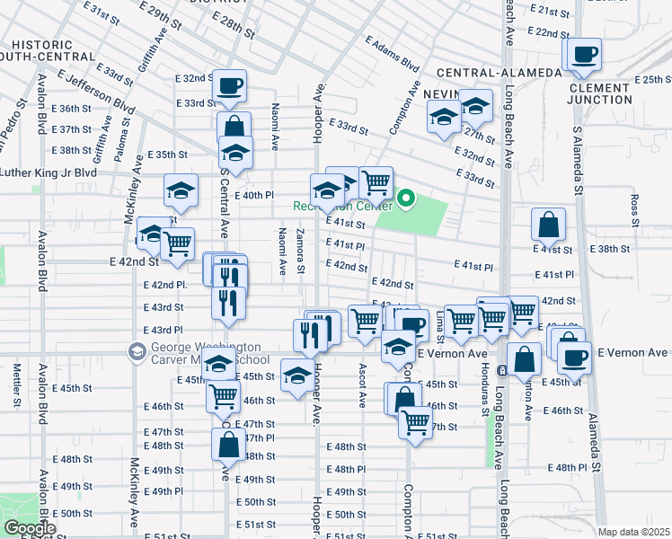 map of restaurants, bars, coffee shops, grocery stores, and more near 1330 East 42nd Place in Los Angeles