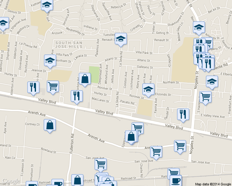 map of restaurants, bars, coffee shops, grocery stores, and more near 603 La Seda Road in La Puente