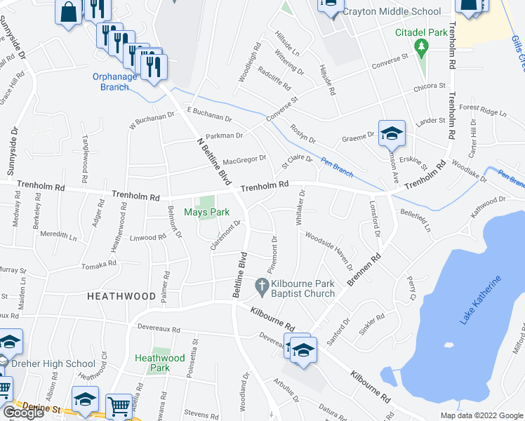 map of restaurants, bars, coffee shops, grocery stores, and more near 1517 Pinemont Drive in Columbia