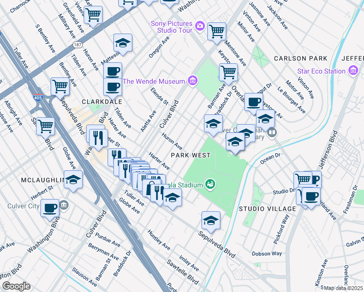 map of restaurants, bars, coffee shops, grocery stores, and more near 10965 Barman Avenue in Culver City