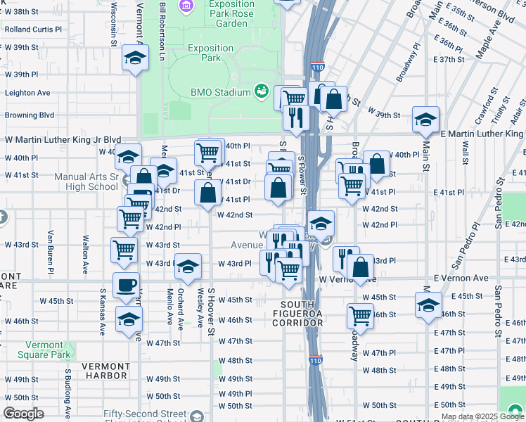 map of restaurants, bars, coffee shops, grocery stores, and more near 533 West 42nd Street in Los Angeles