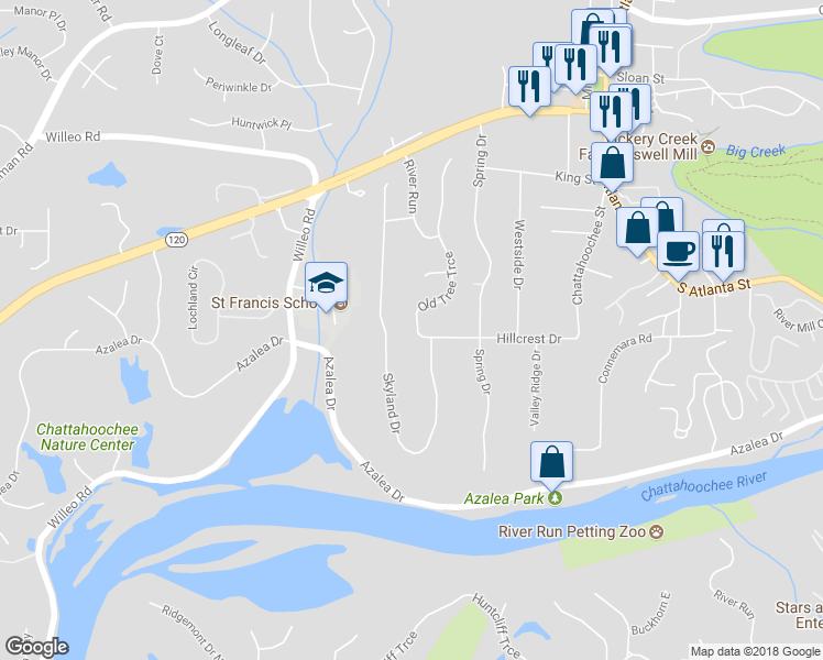 map of restaurants, bars, coffee shops, grocery stores, and more near 200 Old Tree Trace in Roswell