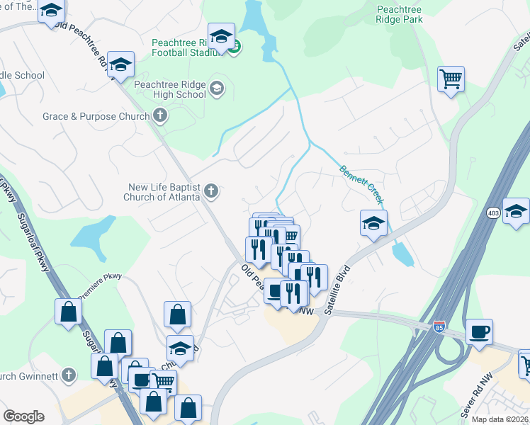 map of restaurants, bars, coffee shops, grocery stores, and more near 2964 Meadow Church Road in Suwanee