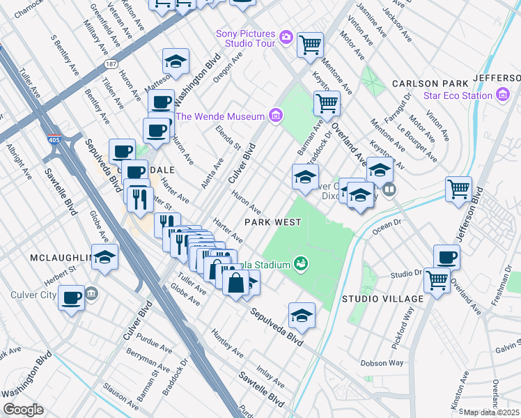 map of restaurants, bars, coffee shops, grocery stores, and more near 10965 Barman Avenue in Culver City