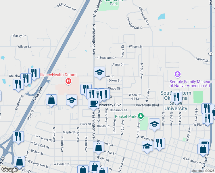 map of restaurants, bars, coffee shops, grocery stores, and more near 1314 Waco Street in Durant