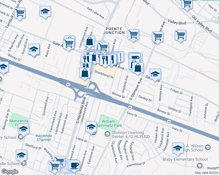 map of restaurants, bars, coffee shops, grocery stores, and more near 1243 Falstone Avenue in Hacienda Heights