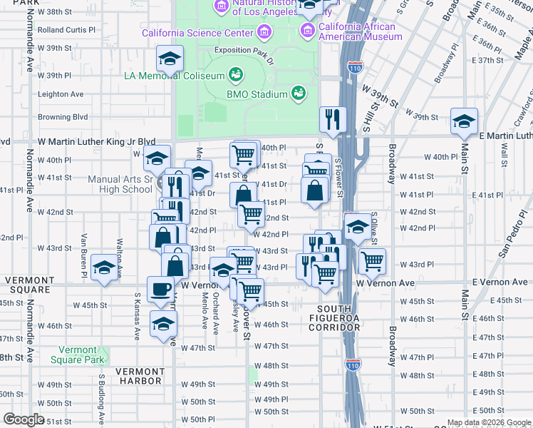map of restaurants, bars, coffee shops, grocery stores, and more near 637 West 42nd Place in Los Angeles