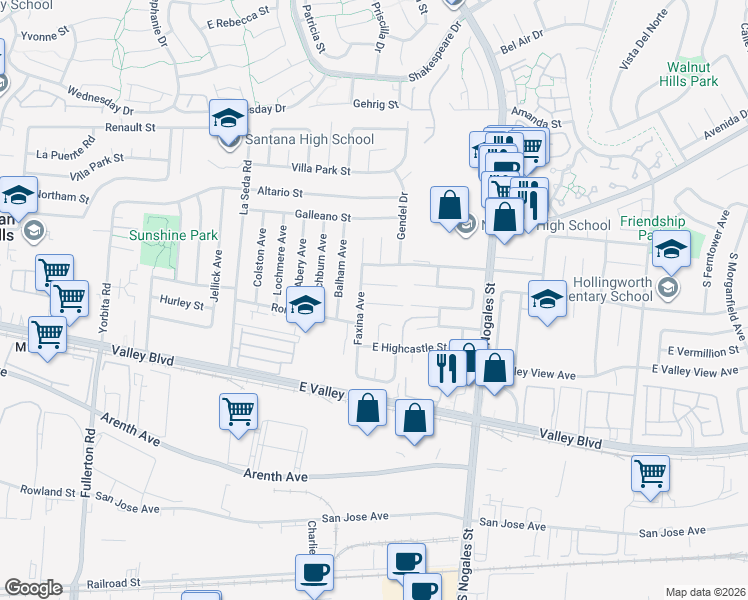 map of restaurants, bars, coffee shops, grocery stores, and more near 566 Faxina Avenue in La Puente
