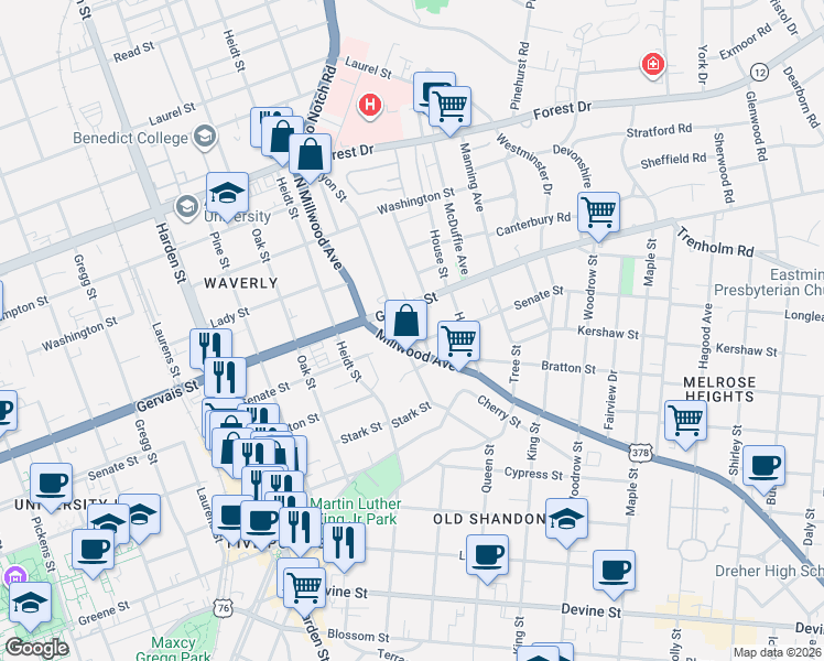 map of restaurants, bars, coffee shops, grocery stores, and more near 2440 Millwood Avenue in Columbia