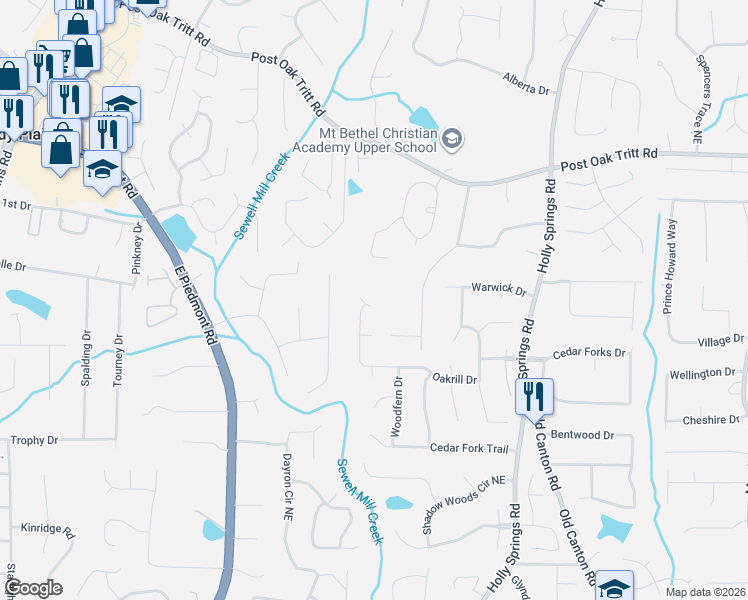 map of restaurants, bars, coffee shops, grocery stores, and more near 2491 Oakrill Road in Marietta