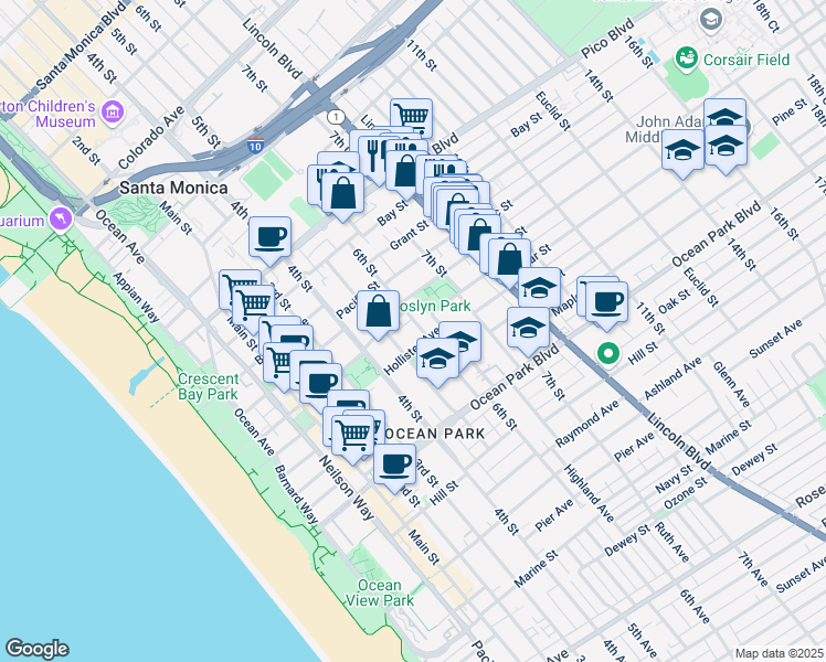 map of restaurants, bars, coffee shops, grocery stores, and more near 2318 6th Street in Santa Monica