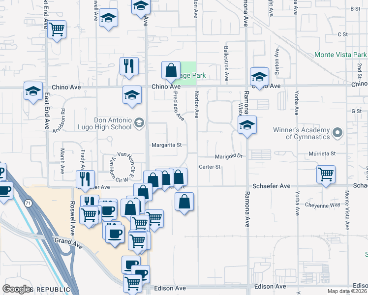 map of restaurants, bars, coffee shops, grocery stores, and more near 13544 Preciado Avenue in Chino
