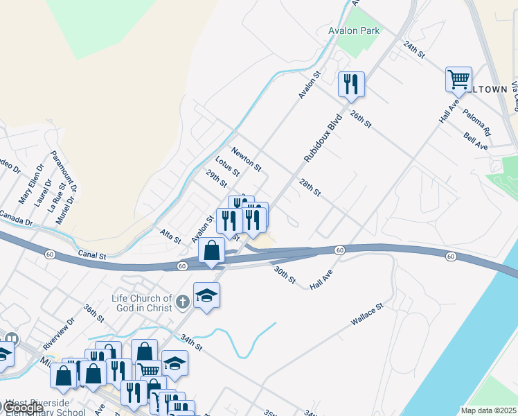 map of restaurants, bars, coffee shops, grocery stores, and more near 5617 29th Street in Riverside