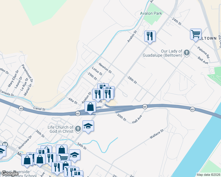 map of restaurants, bars, coffee shops, grocery stores, and more near 2891 Marie Drive in Riverside