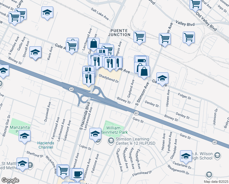 map of restaurants, bars, coffee shops, grocery stores, and more near 1243 Falstone Avenue in Hacienda Heights