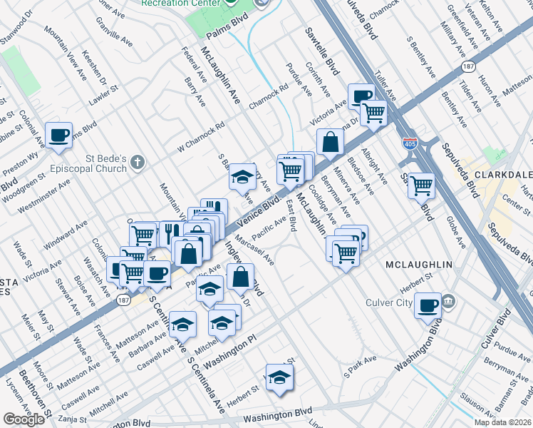 map of restaurants, bars, coffee shops, grocery stores, and more near 11842 Venice Boulevard in Los Angeles