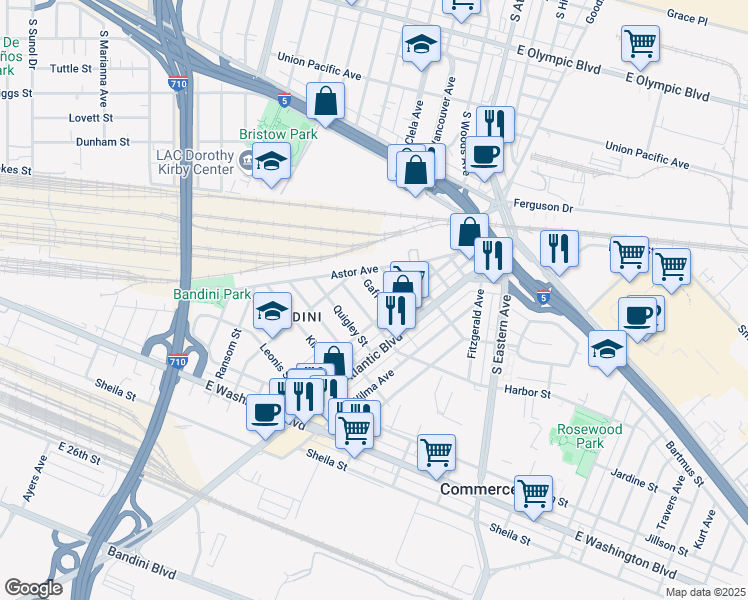 map of restaurants, bars, coffee shops, grocery stores, and more near 5040 Fair Street in Commerce