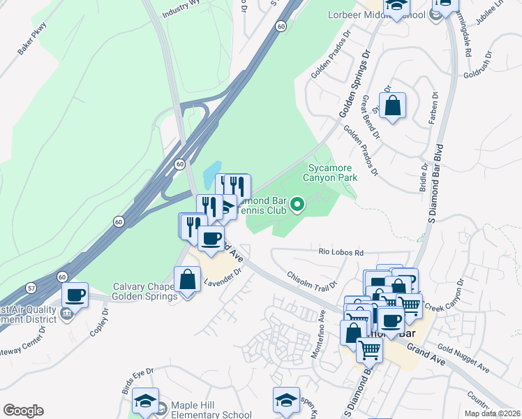 map of restaurants, bars, coffee shops, grocery stores, and more near 22729 Lakeway Drive in Diamond Bar
