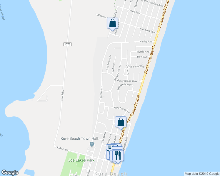 map of restaurants, bars, coffee shops, grocery stores, and more near 613 Sloop Pointe Lane in Kure Beach