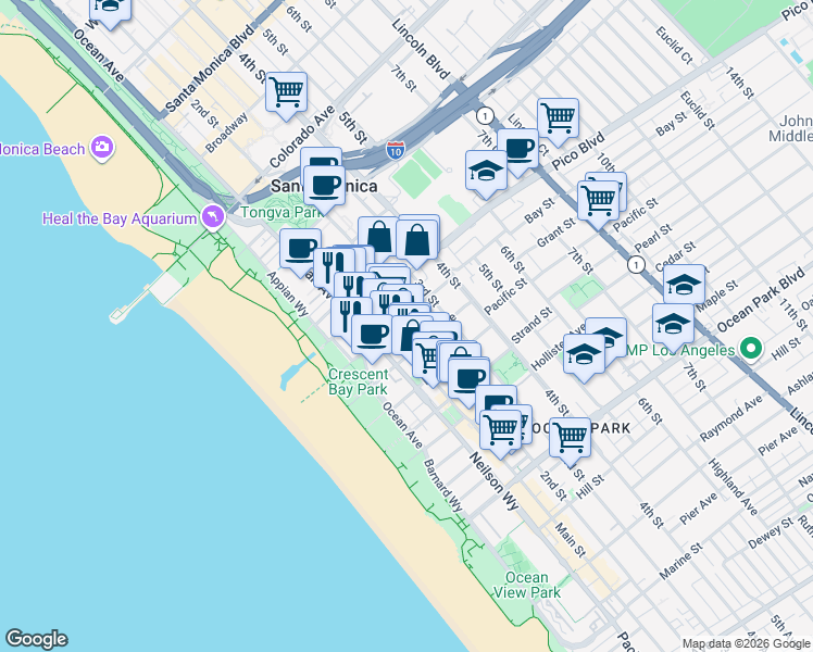 map of restaurants, bars, coffee shops, grocery stores, and more near 212 Bay Street in Santa Monica