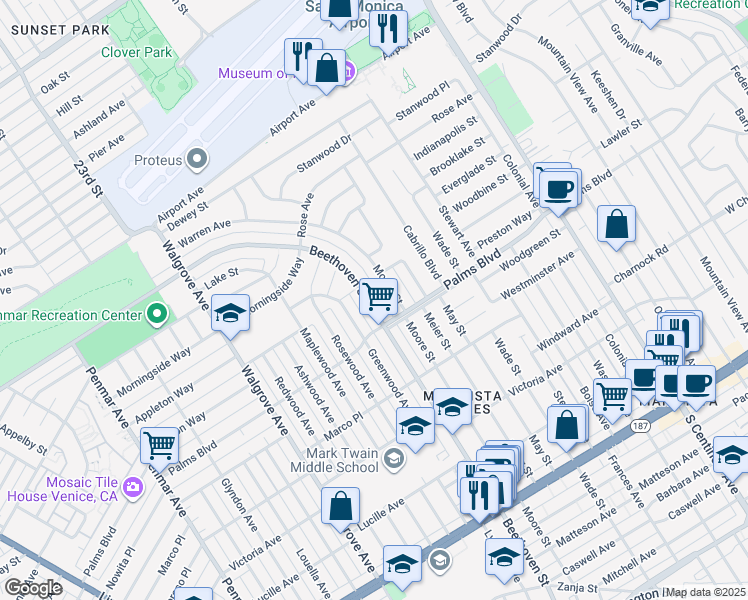 map of restaurants, bars, coffee shops, grocery stores, and more near 3456 Beethoven Street in Los Angeles