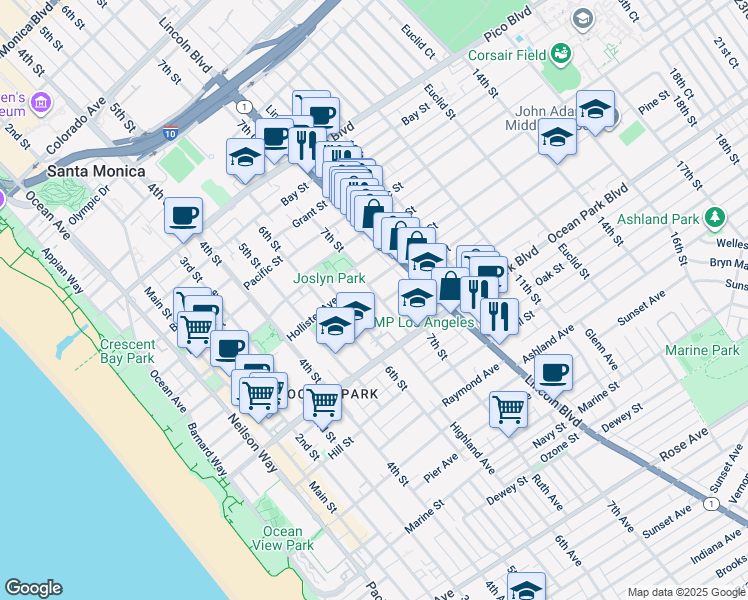 map of restaurants, bars, coffee shops, grocery stores, and more near 2448 7th Street in Santa Monica