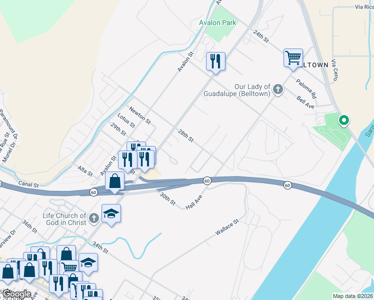 map of restaurants, bars, coffee shops, grocery stores, and more near 5510 28th Street in Riverside