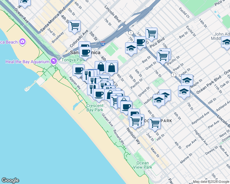 map of restaurants, bars, coffee shops, grocery stores, and more near 239 Bay Street in Santa Monica