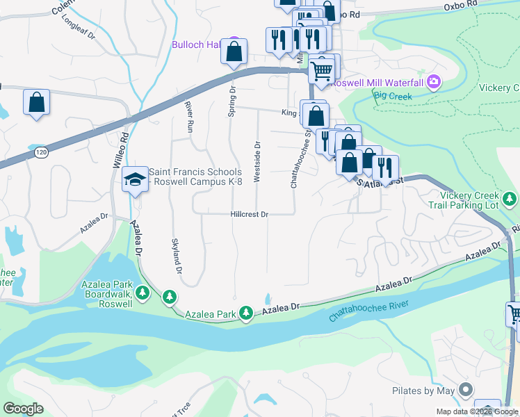 map of restaurants, bars, coffee shops, grocery stores, and more near 353 Westside Drive in Roswell