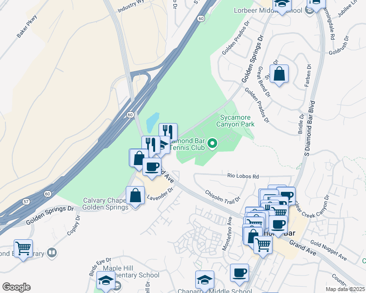 map of restaurants, bars, coffee shops, grocery stores, and more near 22749 Lakeway Drive in Diamond Bar