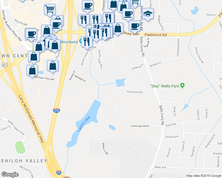 map of restaurants, bars, coffee shops, grocery stores, and more near 133 Parkstone Way in Marietta