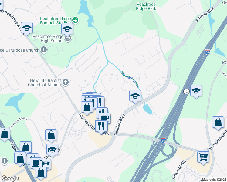 map of restaurants, bars, coffee shops, grocery stores, and more near 1844 Kristen Court in Suwanee