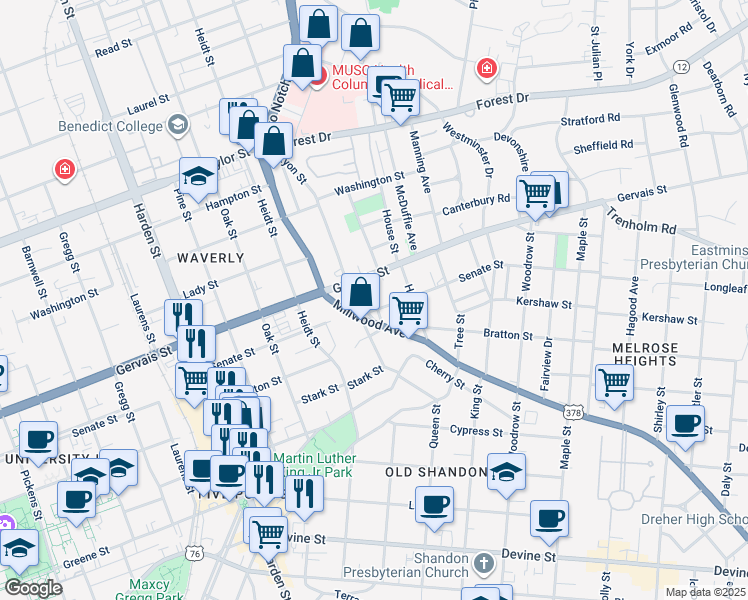 map of restaurants, bars, coffee shops, grocery stores, and more near 1107 Page Street in Columbia