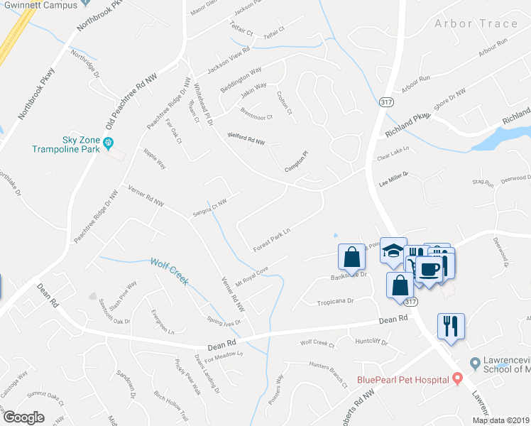 map of restaurants, bars, coffee shops, grocery stores, and more near 770 Forest Park Lane in Suwanee