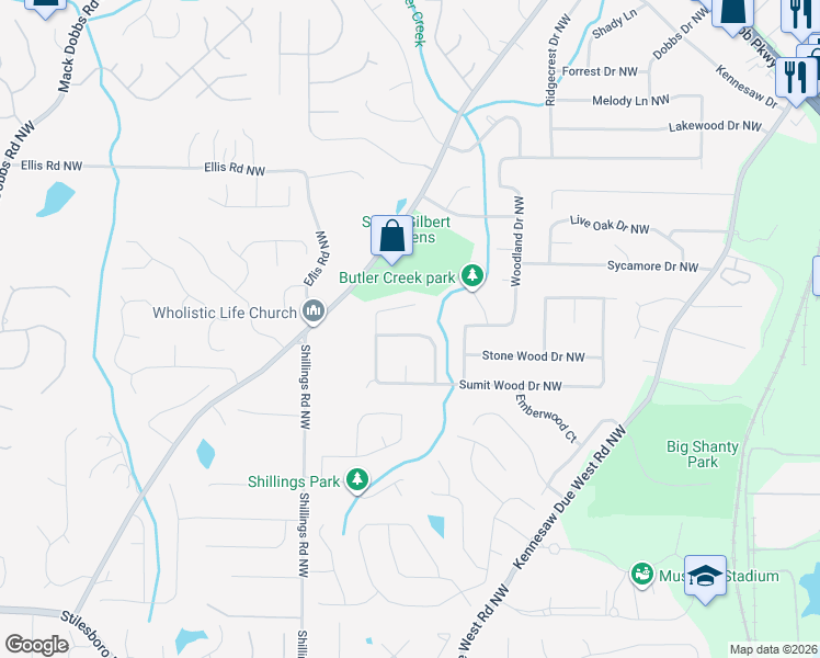 map of restaurants, bars, coffee shops, grocery stores, and more near 7030 Steel Wood Drive Northwest in Kennesaw