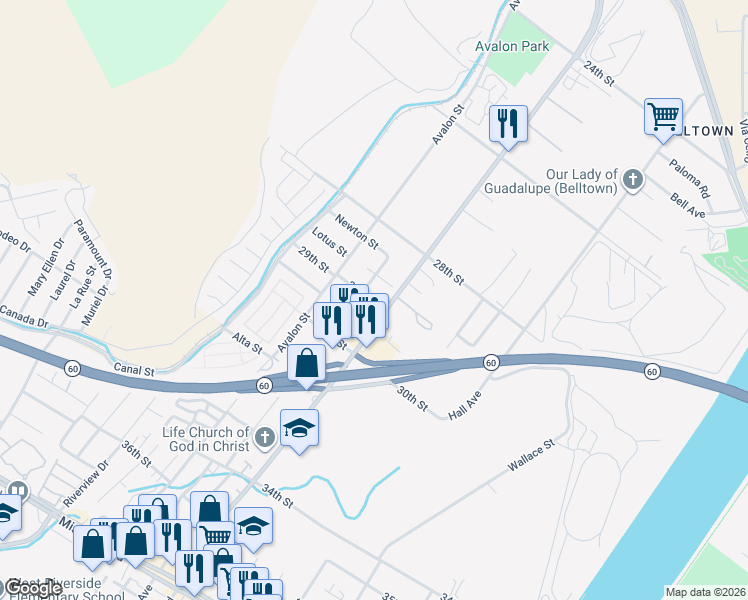 map of restaurants, bars, coffee shops, grocery stores, and more near 2891 Marie Drive in Riverside
