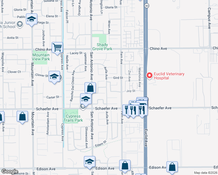 map of restaurants, bars, coffee shops, grocery stores, and more near 13511 Julian Avenue in Chino