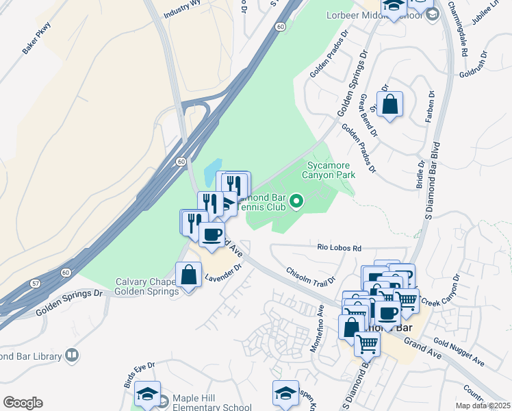 map of restaurants, bars, coffee shops, grocery stores, and more near 22741 Lakeway Drive in Diamond Bar