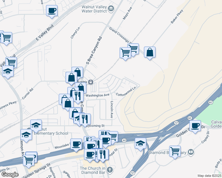 map of restaurants, bars, coffee shops, grocery stores, and more near 21217 Washington Avenue in Walnut